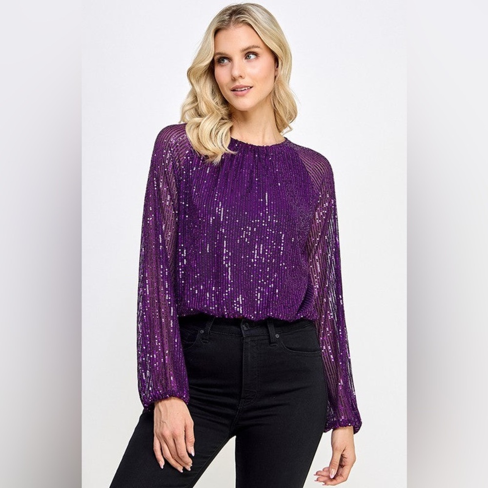 Purple Sequin Long-Sleeve Blouse — Women's Party Top
